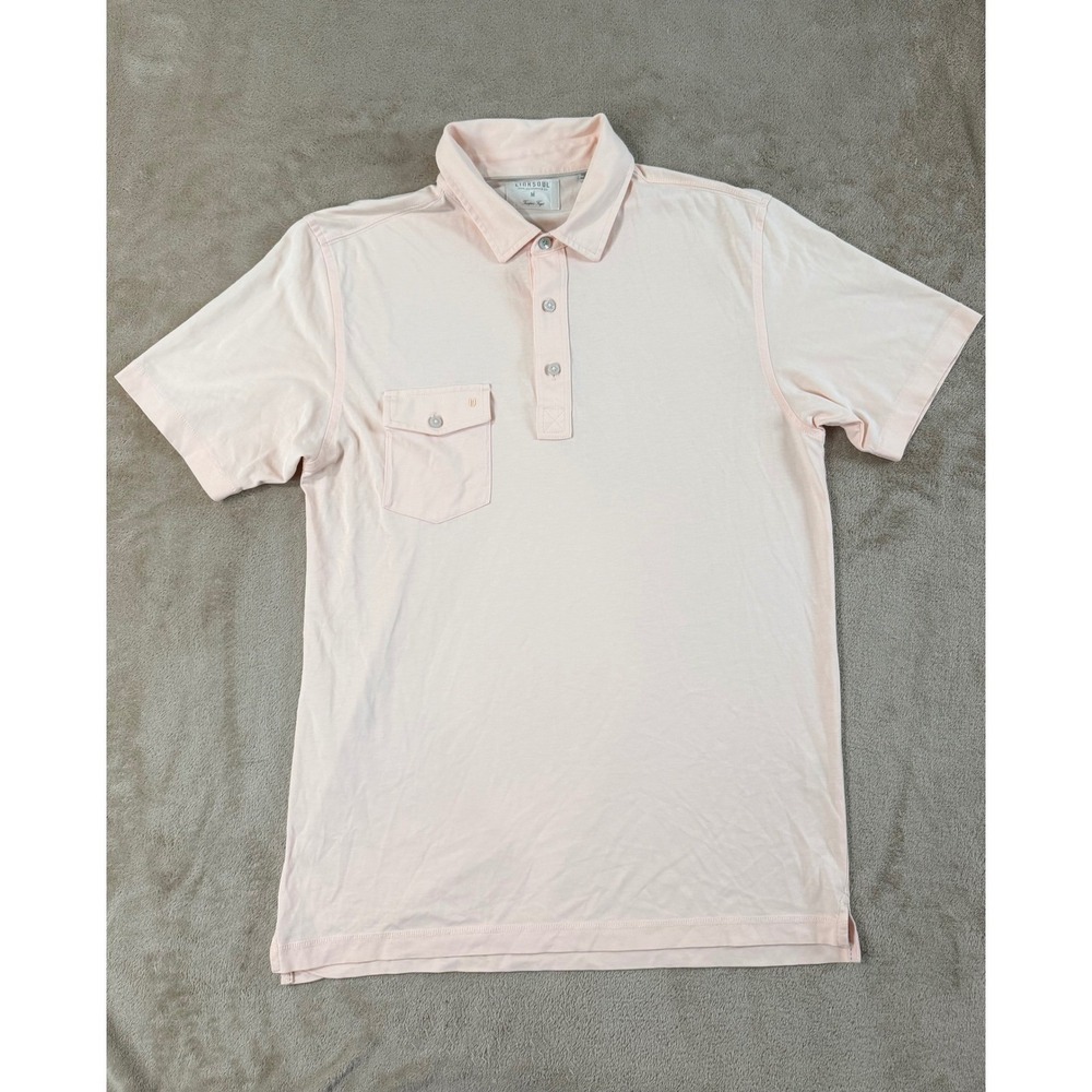 Linksoul Tempus Fugit polo shirt Mens M Peach Pink Luxury Cotton Pocket S/S EUC